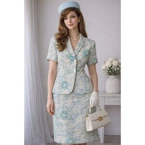 Adrianna Papell Vintage 100% Silk Floral 2 Pc Skirt Suit Set Women Size 10